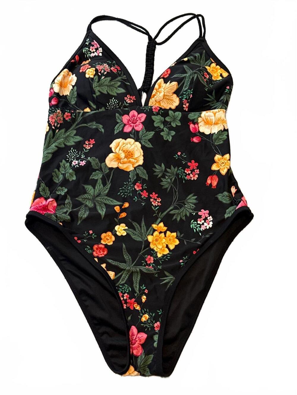 Cupshe Black Floral V Neck Cutout Back One Piece Swimsuit Women's Size L NWT